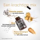 Een weergave van de ingrediënten en voordelen van de zwarte maca capsules