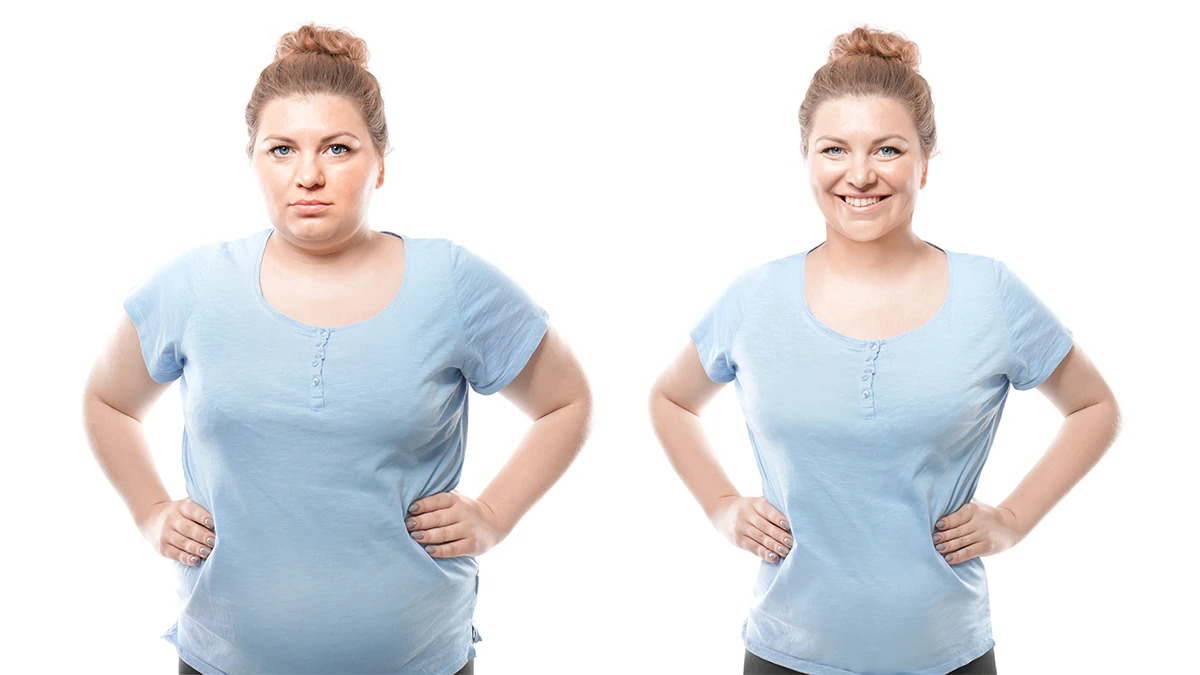 Staande vrouw die haar transformatie van gewichtsverlies laat zien